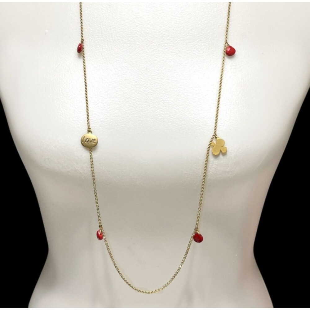 Long Chain Charm Necklace Spade Love Dangle Red Glass Bead Gold Tone Layering